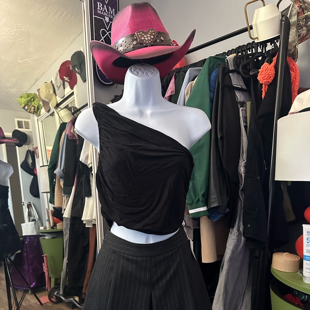 Free People Black One-Shoulder Top with Pinstripe Skirt